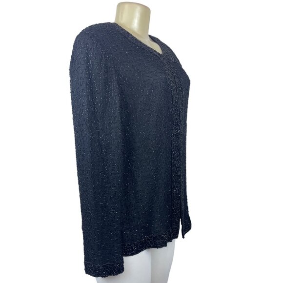 Vintage Lawrence Kayan Women's Black Silk Beaded Blazer Sweater Sz- L - Picture 2 of 6